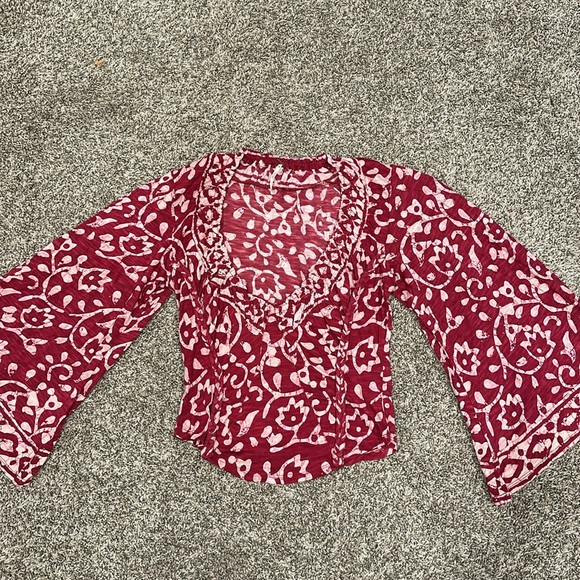 Free People On The Block Bell Sleeve Top in Red/ Pink Combo - Picture 3 of 5